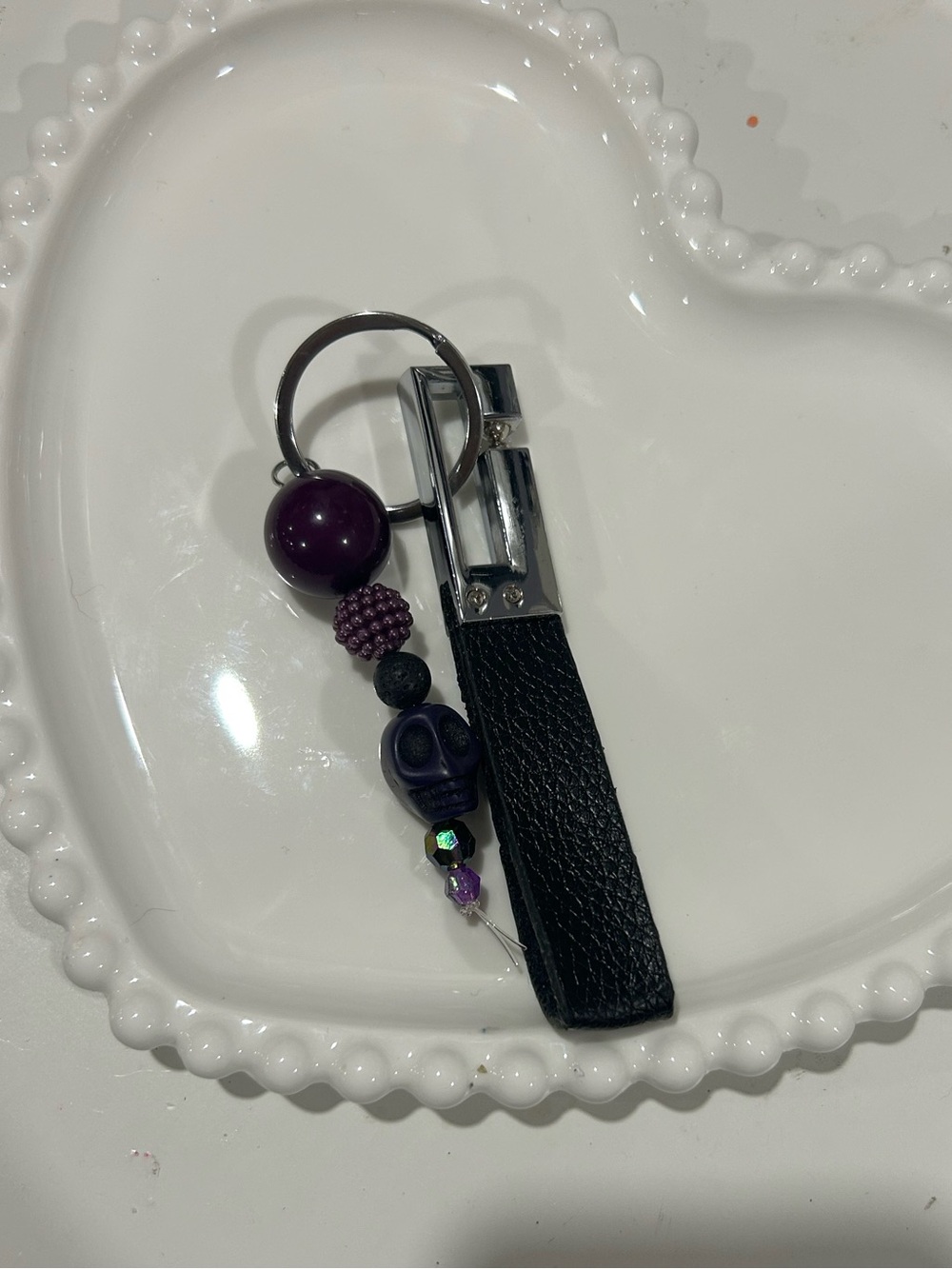 Black Leather Strap Keychain with Purple Beads